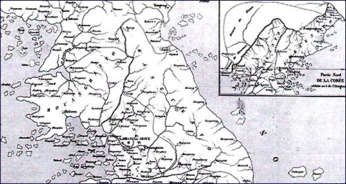 1855년 파리지리학회지에 실린 지도의 일부. 1846년 김대건 신부의 지도라고 설명이 붙어있다. 오른 쪽 상단의 지도를 보면 압록강 이북도 조선영토로 되어있다. (박선영 교수 제공)